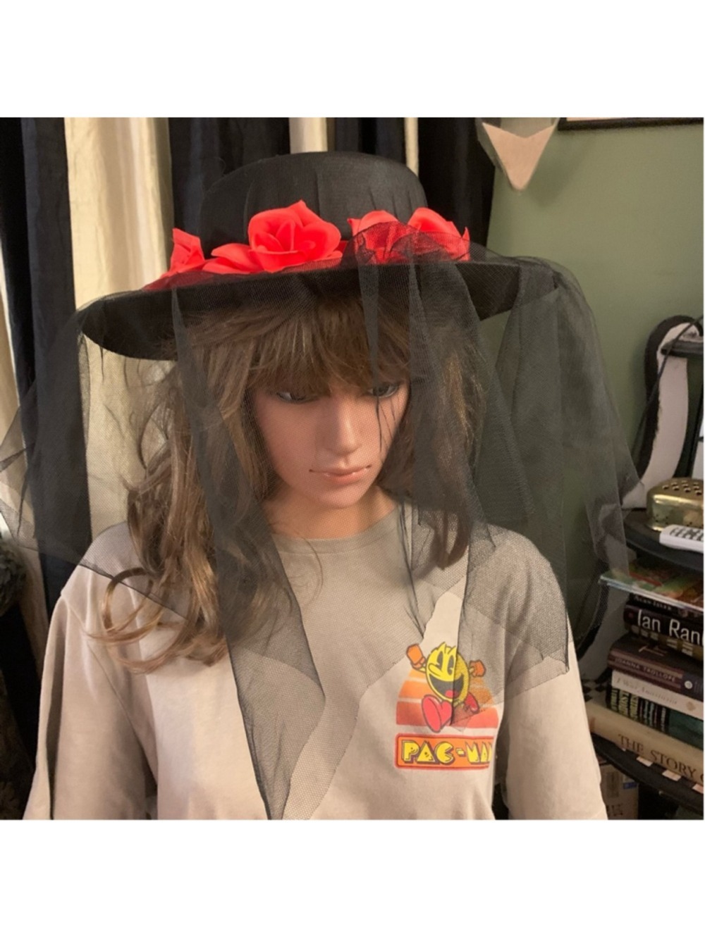 Black Felt Hat with Veil and Red Floral Band
